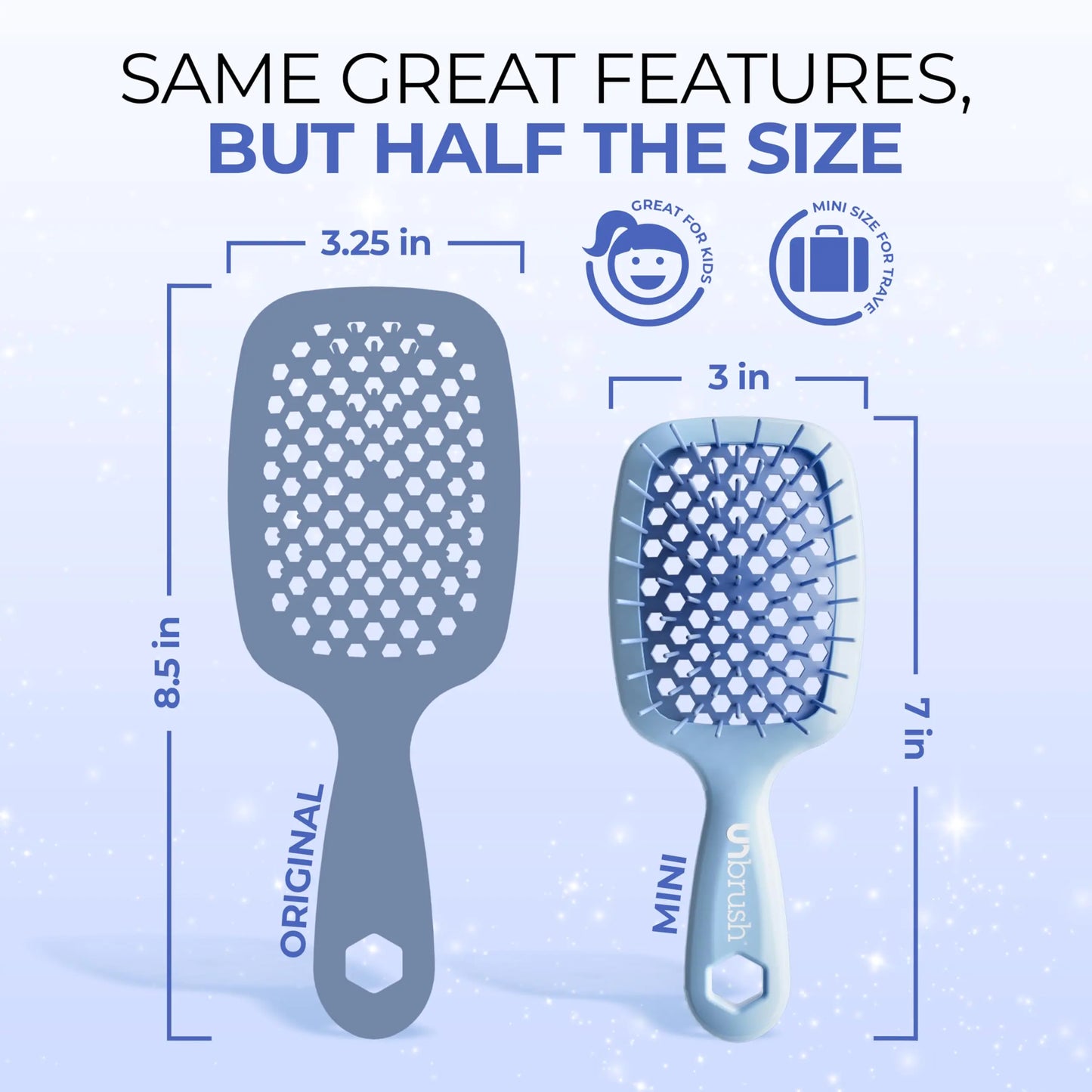 FHI Heat UNbrush Mini Detangler Brush for Pain-Free Brushing on All Wet or Dry Hair Types — Durable Duoflex Anti-Static Bristles, Lightweight Handle, Vented Mini Hair Brush Periwinkle Light Blue