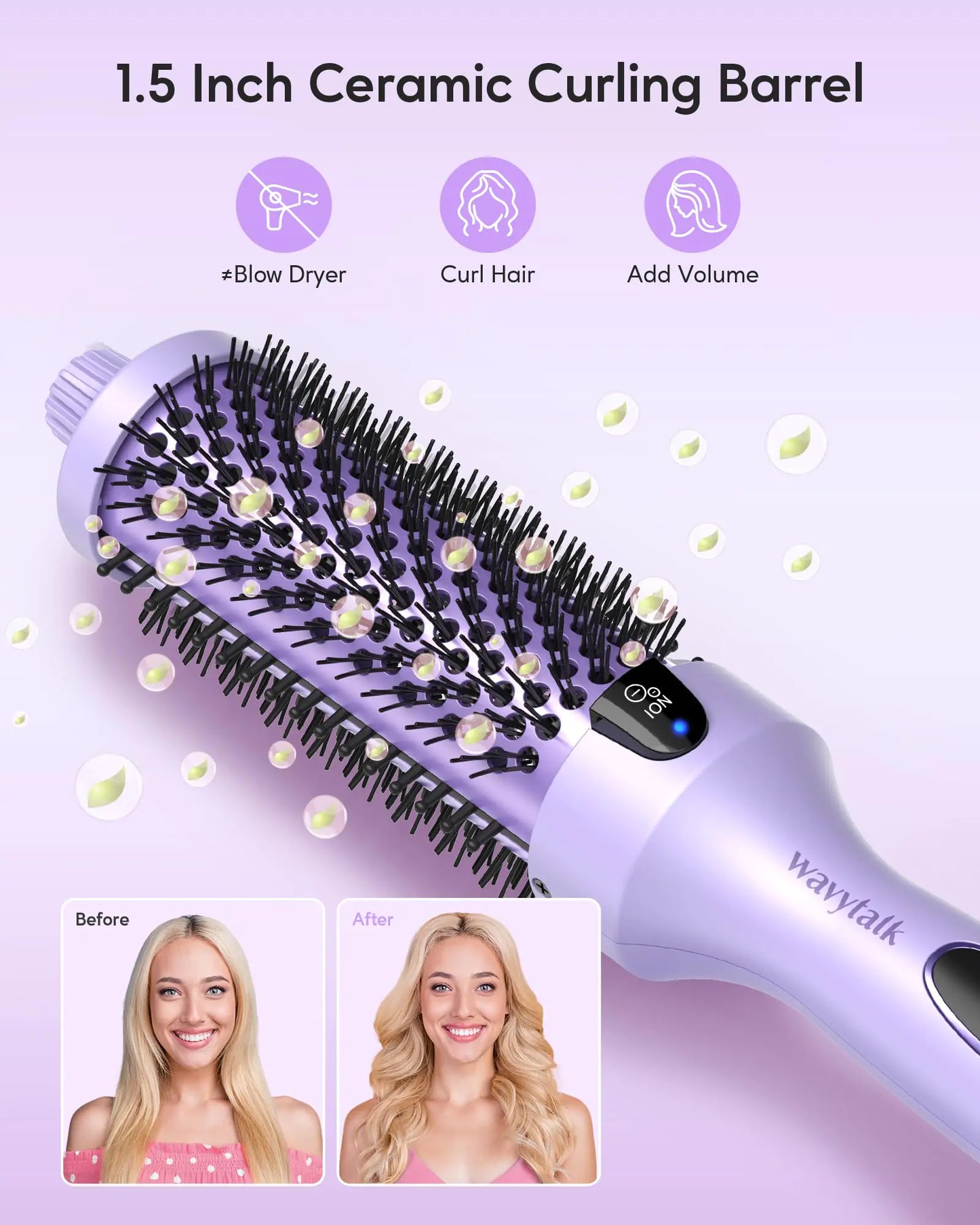 Wavytalk Thermal Brush, 1.5 inch Heated Round Brush for Blowout Look, Negative Ion Technology, Ceramic Tourmaline, 5 Temperature Settings, Dual Voltage, Purple Violescent