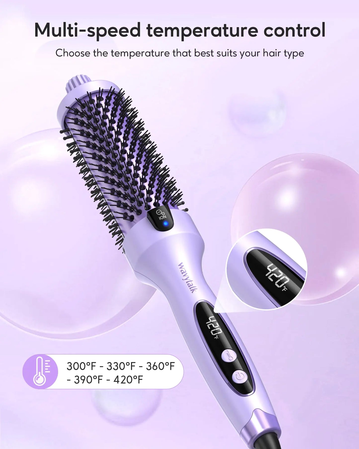 Wavytalk Thermal Brush, 1.5 inch Heated Round Brush for Blowout Look, Negative Ion Technology, Ceramic Tourmaline, 5 Temperature Settings, Dual Voltage, Purple Violescent